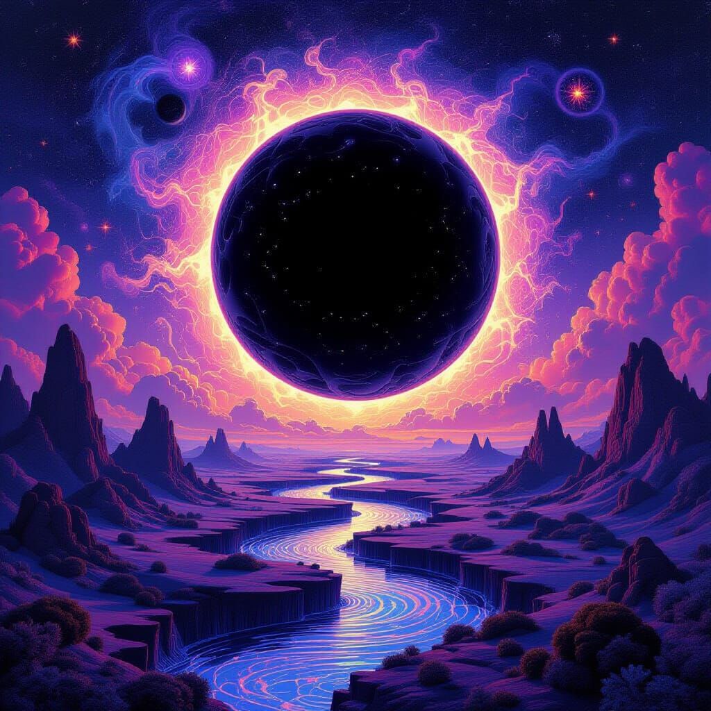 Cosmic Black Sun Warps Escher Landscape in Visionary Art Sty...