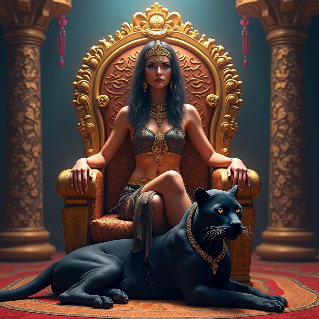 Cleopatra on Golden Throne with Panther