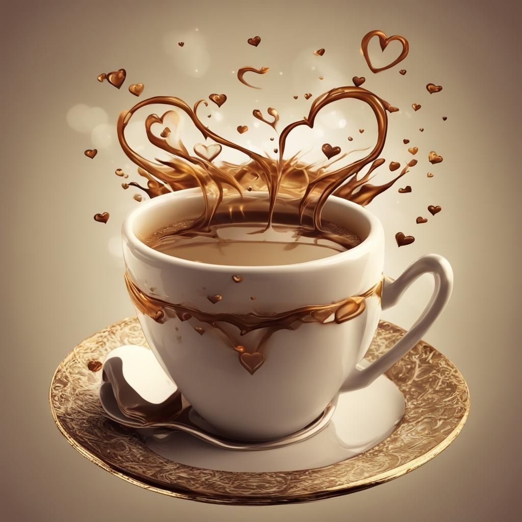 a cup of coffee with hearts coming out of it, tea cup, steaming coffee, diner caffee, cup of coffee, several hearts, hot...