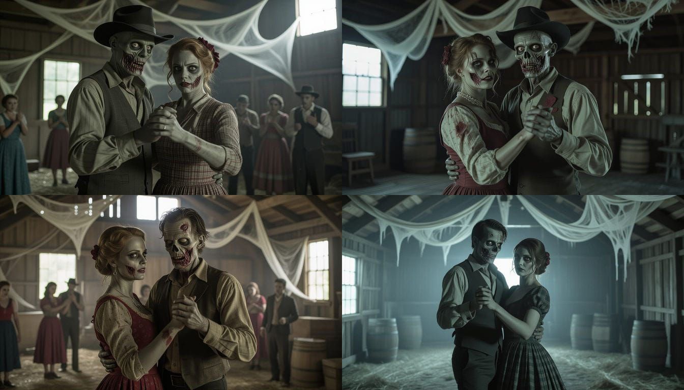 Zombie Couple Square Dancing in Eerie Barn