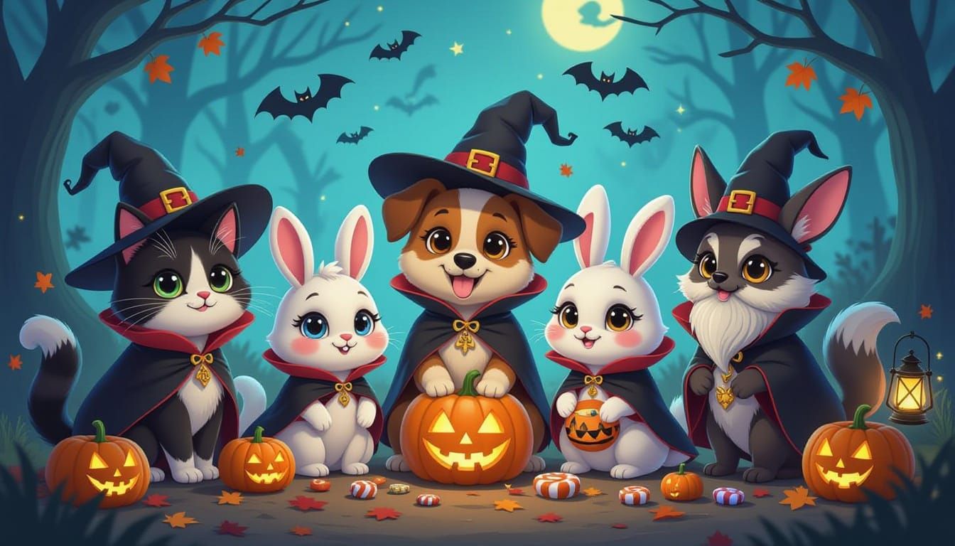 Cute Animals in Halloween Costumes Cartoon Style