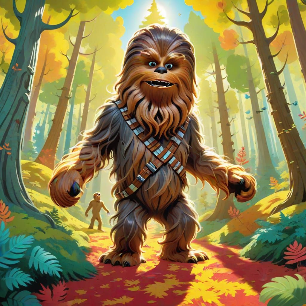 Chewbacca in Whimsical Forest, Dr. Seuss Illustration