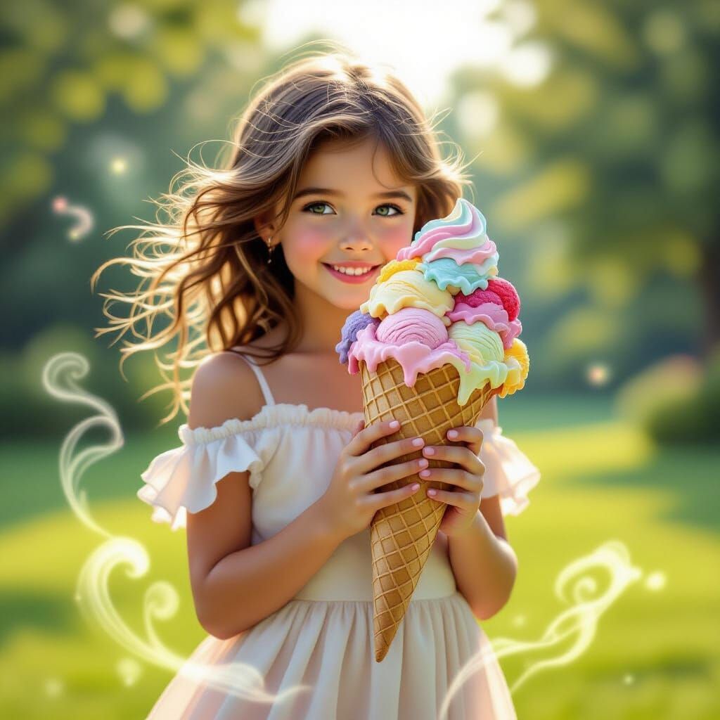 Girl with Giant Ice Cream on Sun-Dappled Lawn