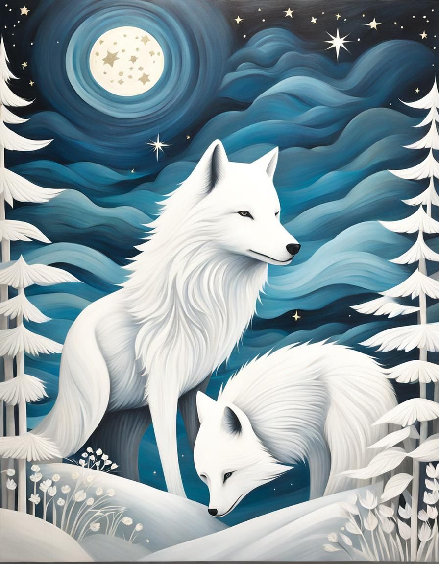 White Wolf in Starlight: Dreamlike Watercolor Art