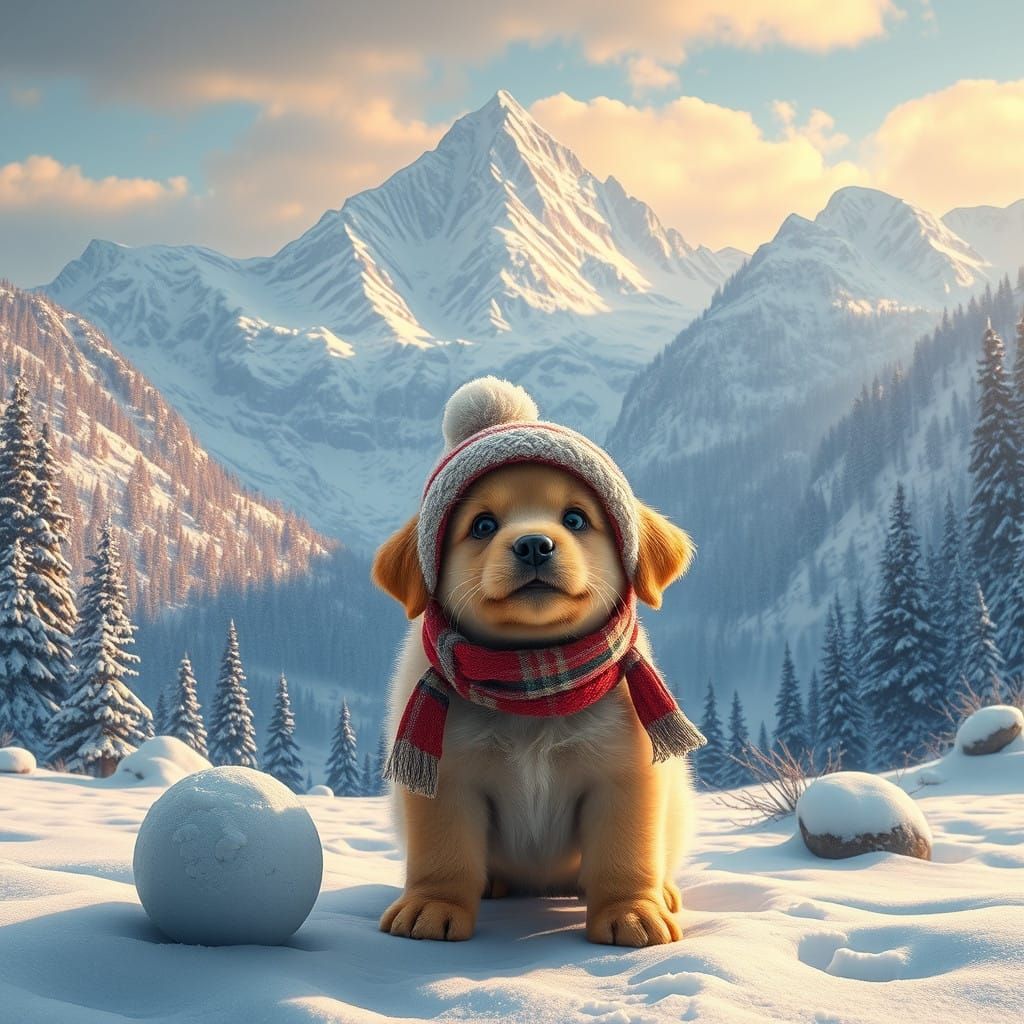 Winter Wonderland Puppy in Majestic Snowy Mountains
