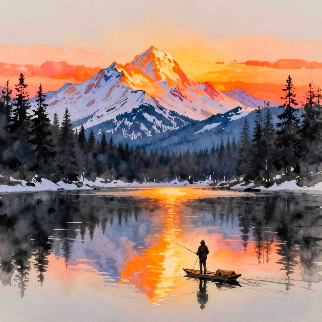 Fisherman's Sunset Reflection Over Snowy Mountains
