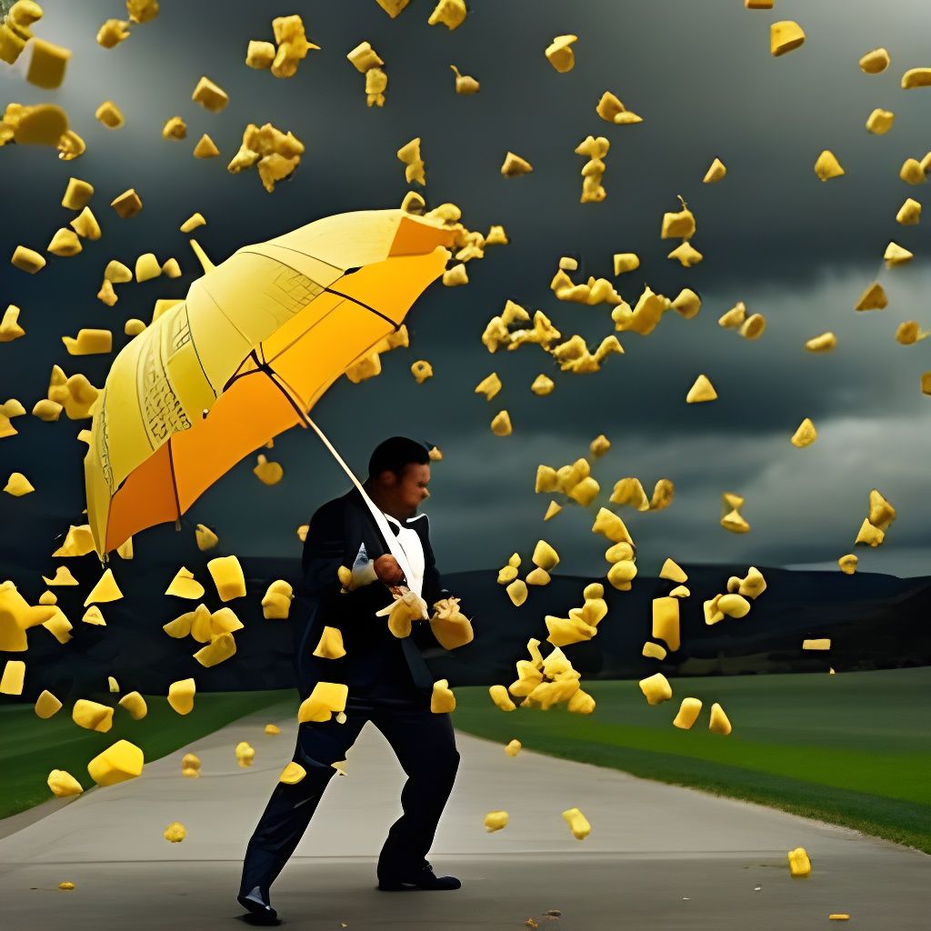 Hyperrealistic Cheese Rain with Swiss Umbrella