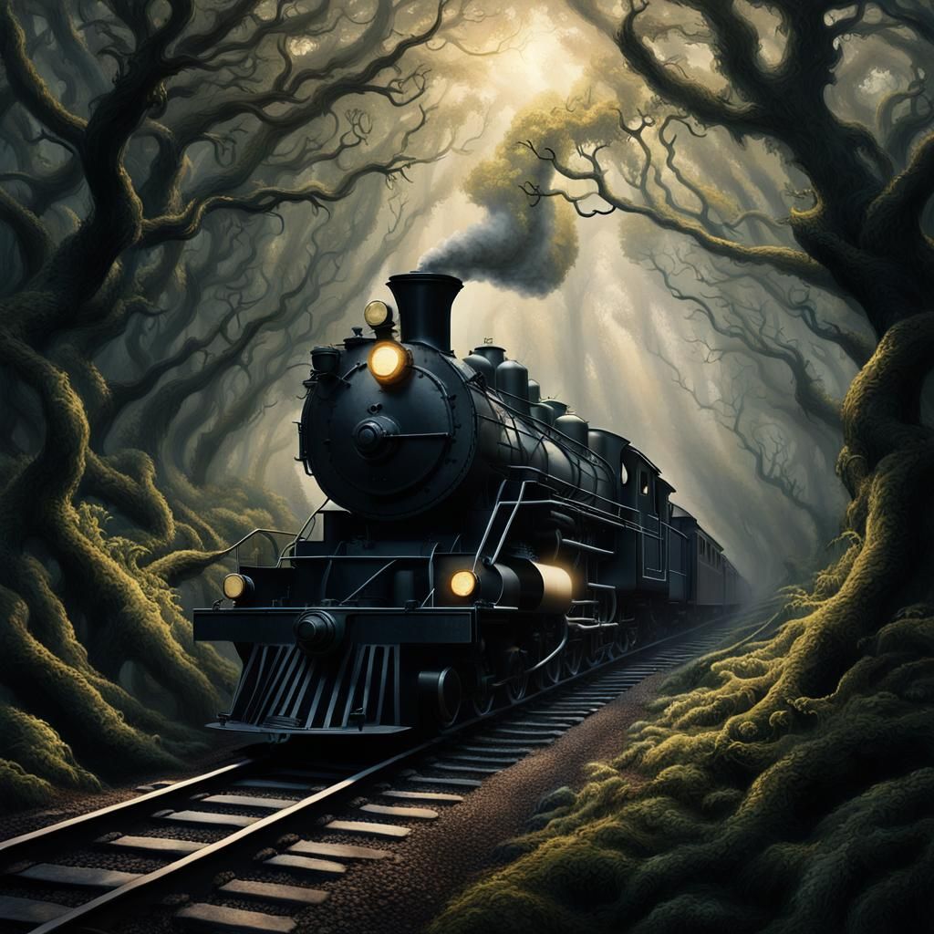 Dark Fantasy Landscape with Steam Train in Lush Forest