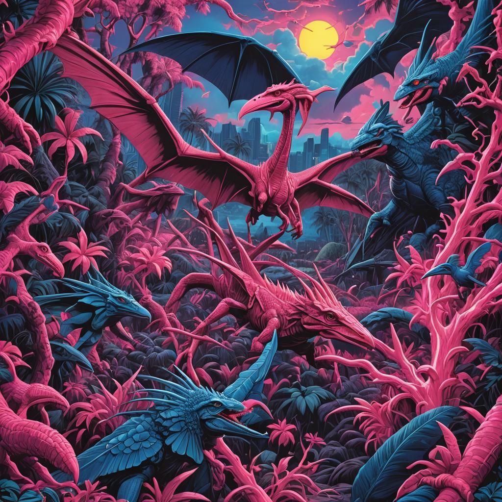 Hawaii Neon Dinosaur Scene in Hyperrealistic Splash Art