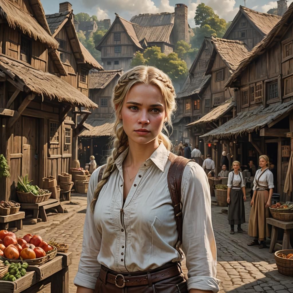 Concerned Woman in Village Market, Photorealistic Style