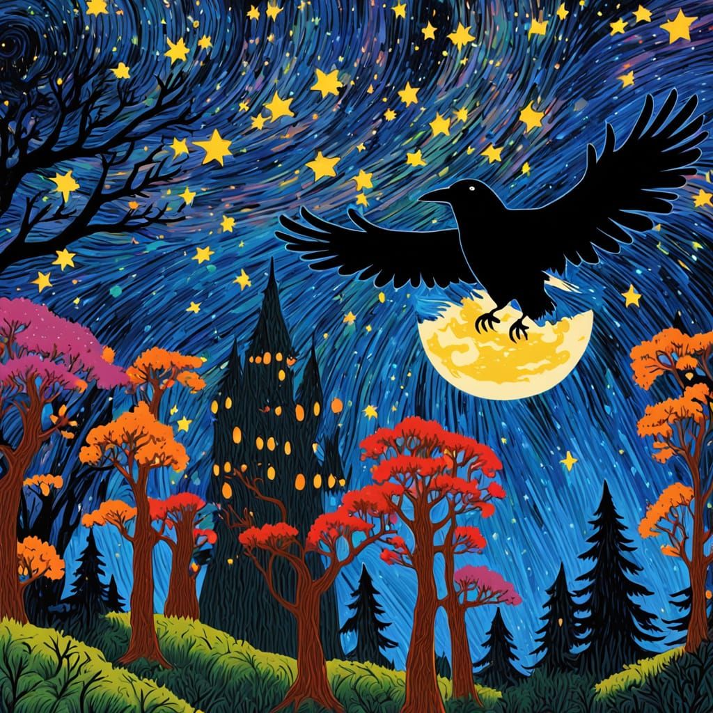 Black Raven Soars Through Vibrant Forest Under Starry Night ...