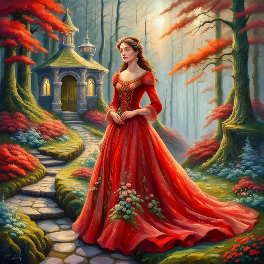 Ethereal Woman in Red Gown, Fantasy Landscape