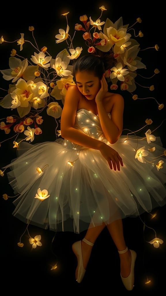 Delicate and sublime ballet dancer created with fiber optics sleeping at the end of some tips flowers of lights or fairy...