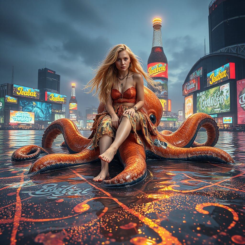 Luminous Bohemian Woman on Iridescent Squid