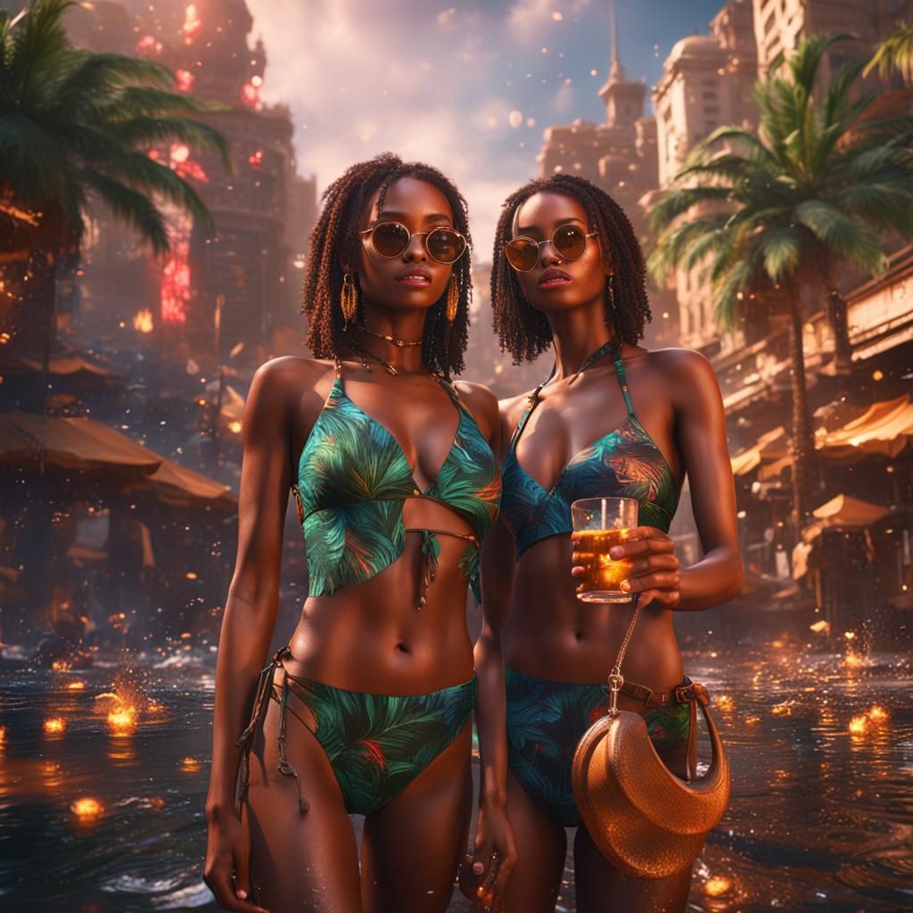 Bikini Models in City, Detailed Matte Painting