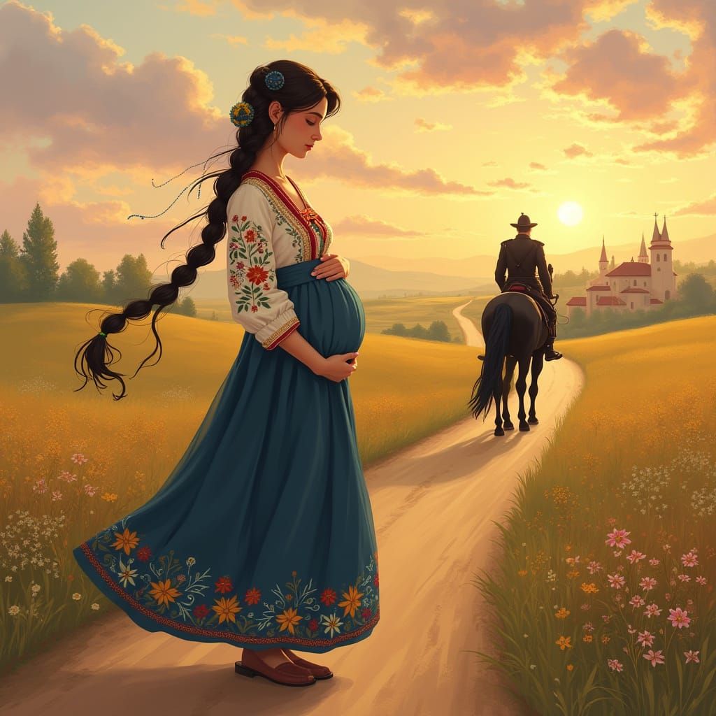 Ukrainian Woman's Hopeful Journey in Watercolor Style