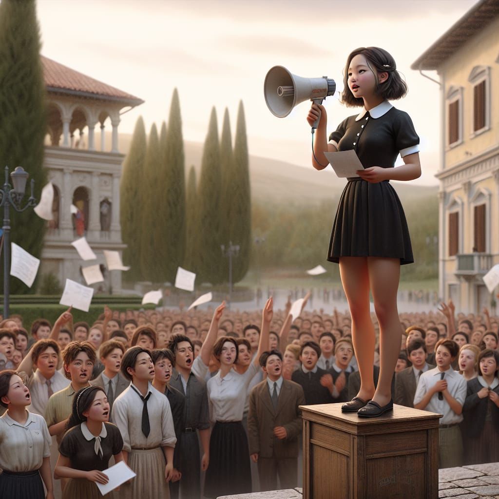 Korean Girl Public Speaking in Soviet Realism Style