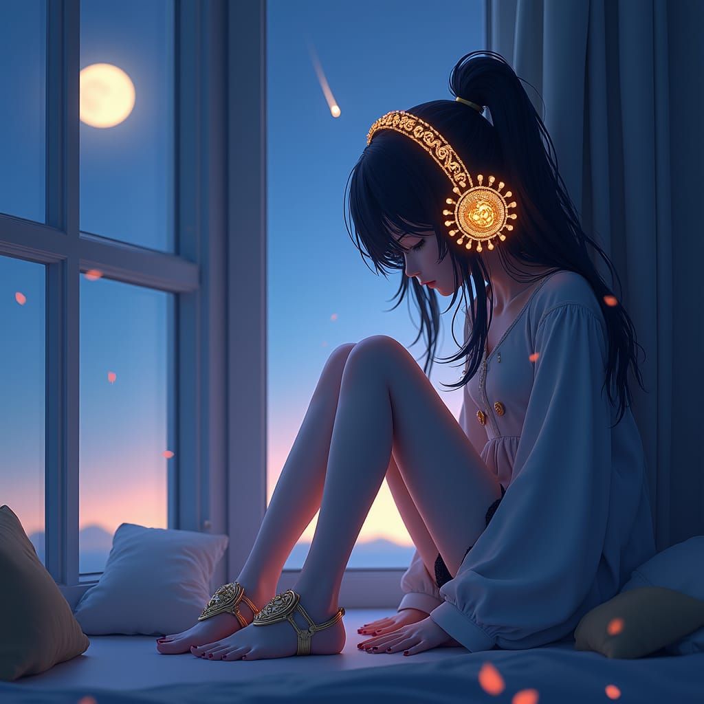 Lofi Girl with Comet in Blue Purple Sky