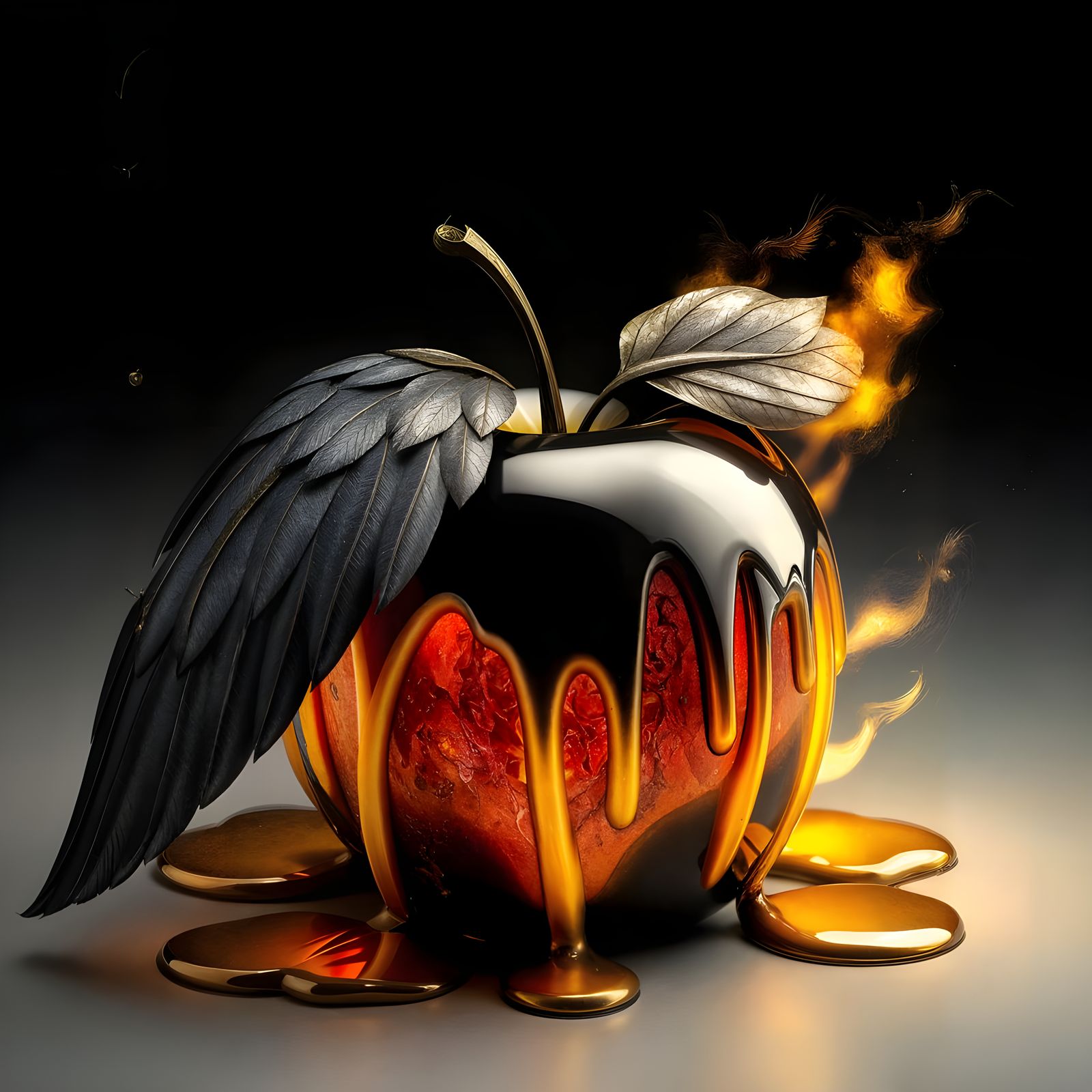 Hyper-Realistic Fallen Apple with Golden Wings and Flames