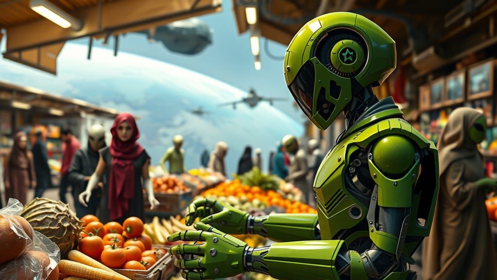 Photorealistic Robot in Arab Market with Alien Shoppers