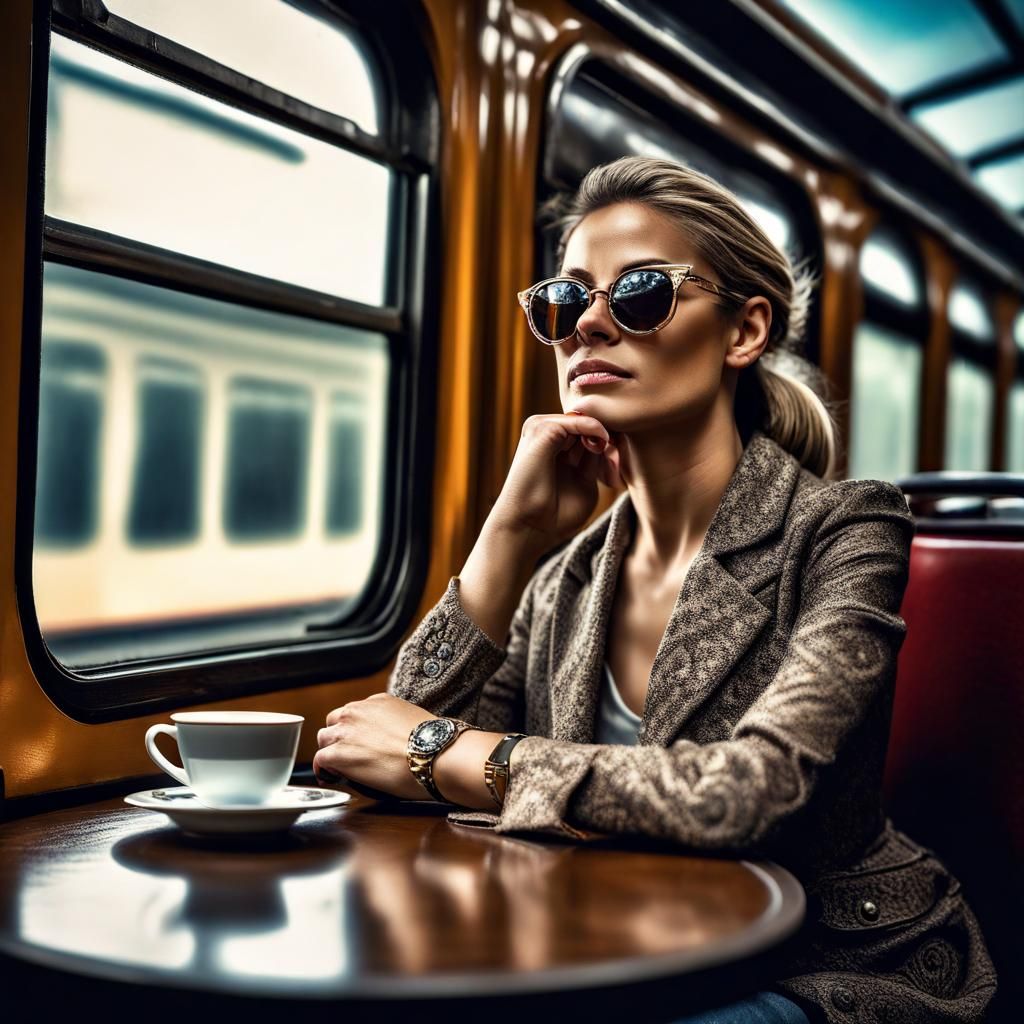 Woman Sipping Tea on Train in Cinematic Style