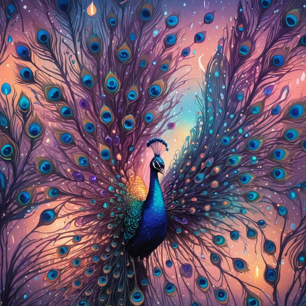 Bioluminescent Peacock in Hyperrealistic Splash Art