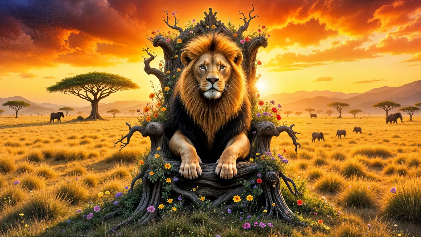 Majestic Lion King on Floral Throne at Sunset