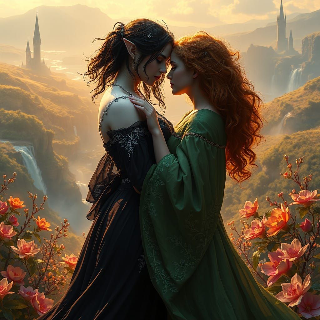 Ethereal Female Lovers in a Dreamlike Realm