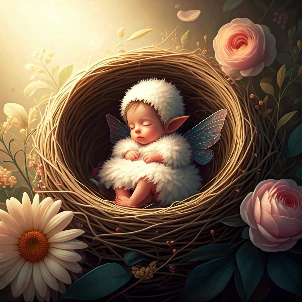 Surrealistic digital painting depicting a diminutive baby fairy  slumbering within an immense nest crafted from an array...