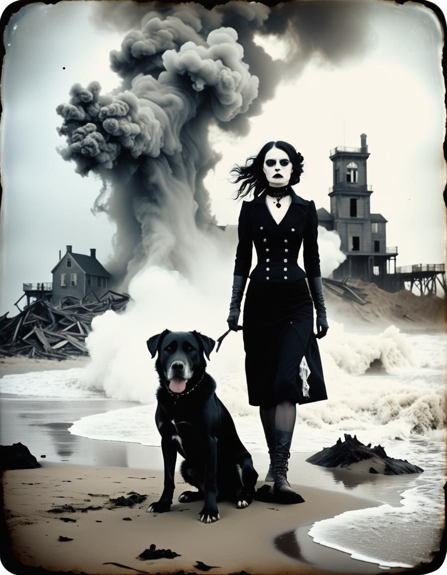 Goth Model in a Tintype Photograph with Giant Waves