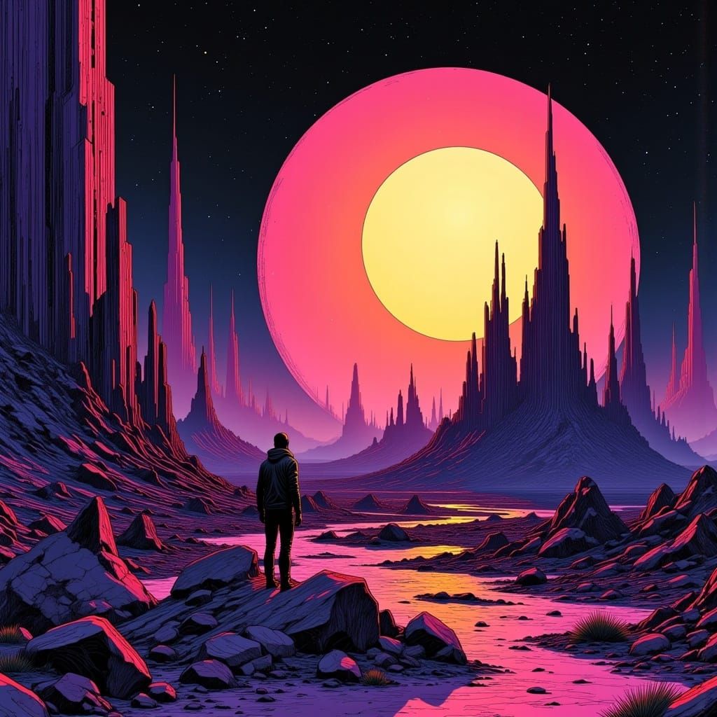 Crystal City in Desert Twilight: Minimalist Illustration