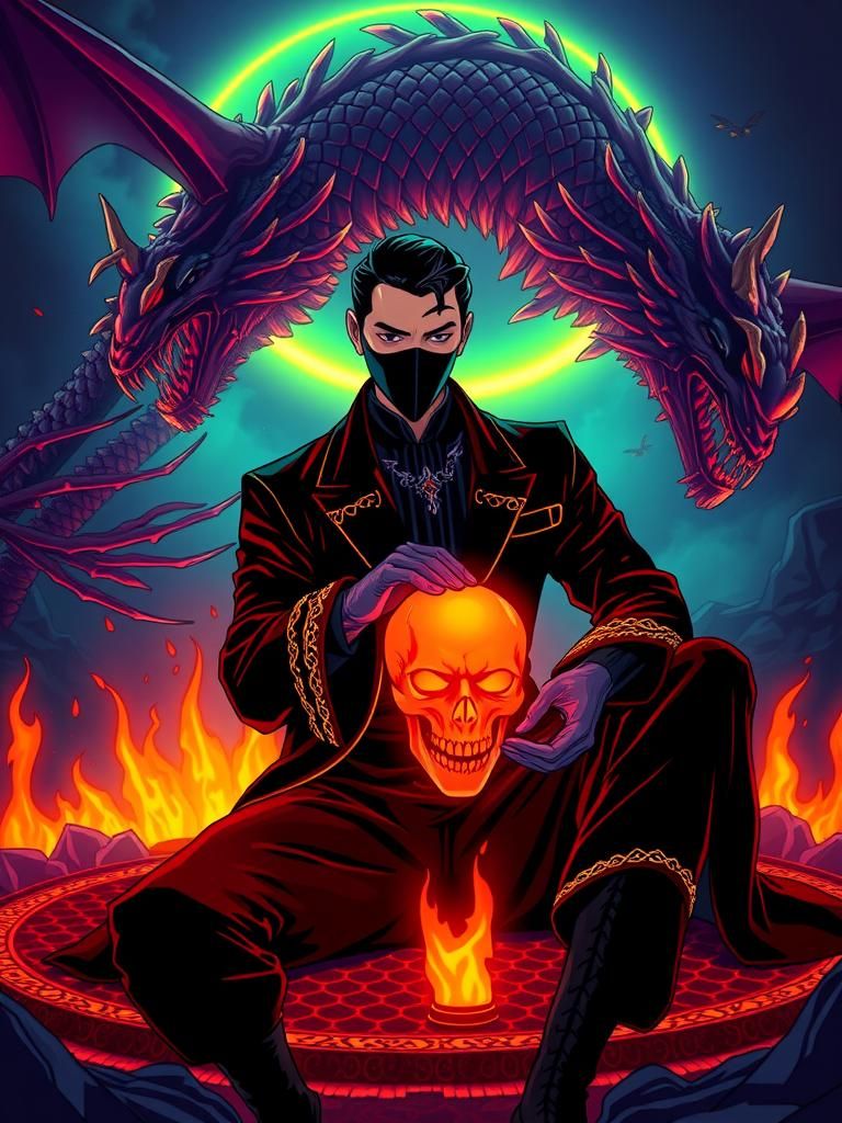 Gothic Cartoon: Masked Man with Glowing Skull