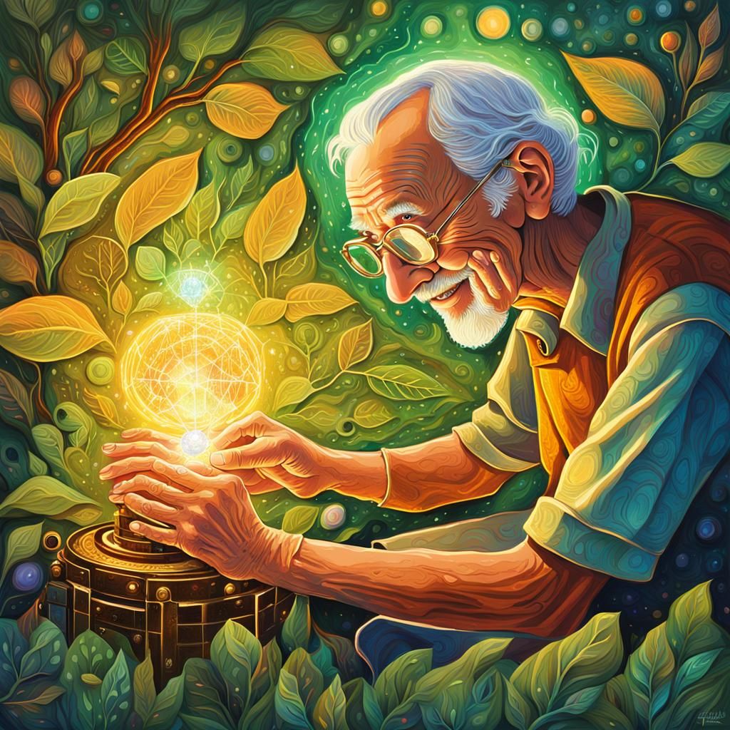 Elderly Person Holding Crystalline Machine in Astral Art