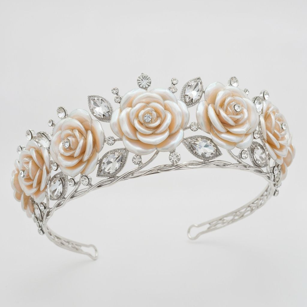 Ethereal Rose Tiara with Opalescent Enamel and Crystals