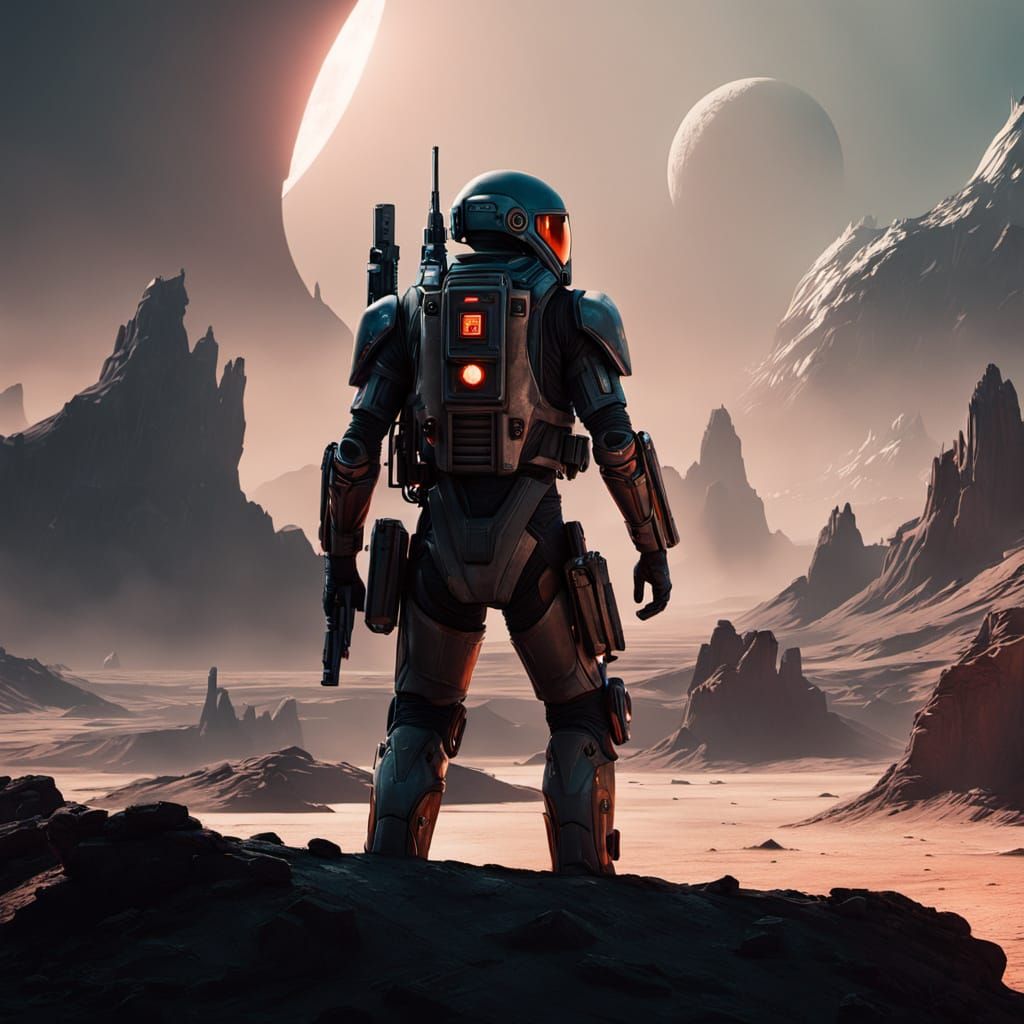 Futuristic Soldier with Jetpack and Laser Gun on Alien Plane...