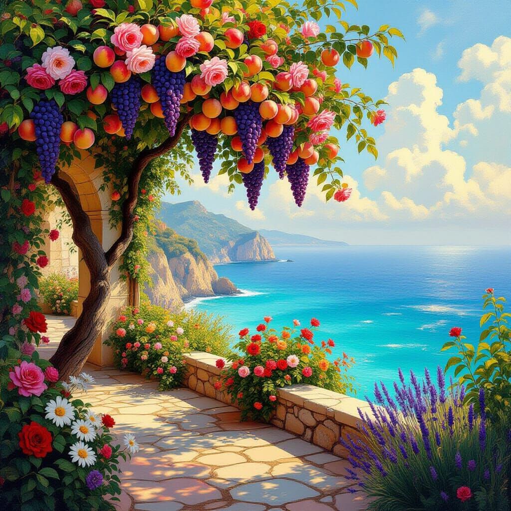 Lush Fruit Tree Garden with Ocean View