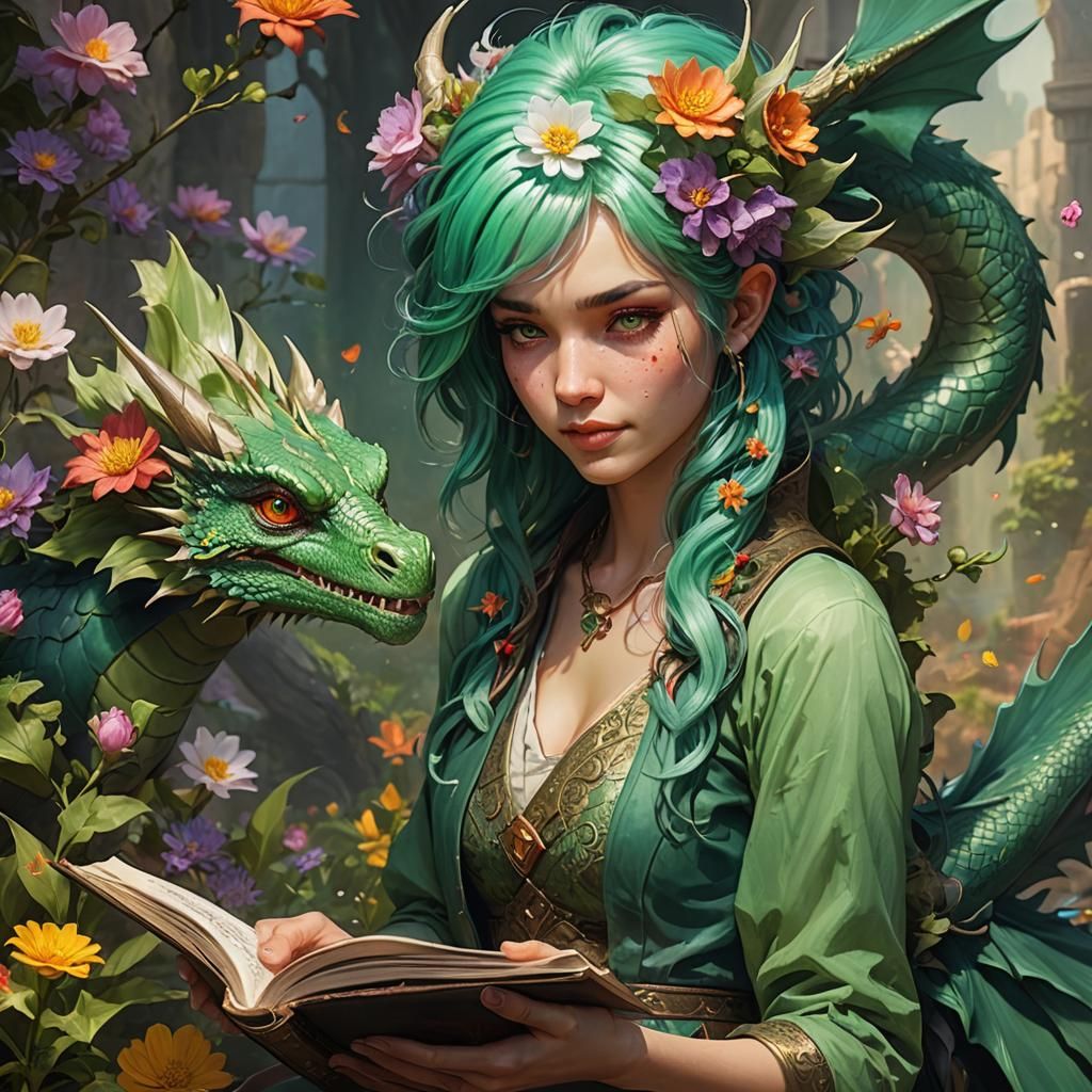 Woman Reads Story to Dragon in Hyperrealistic Style