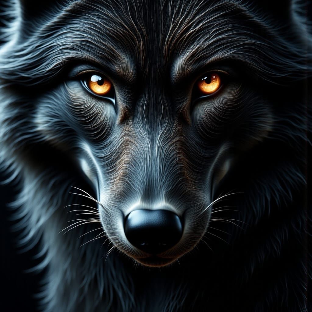 Surreal Wolf Portrait with Golden Eyes and Soft Focus