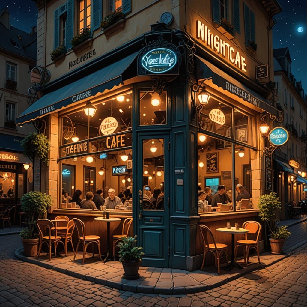 Surreal French Cafe at Night: Quaint Romance in a Seated Per...