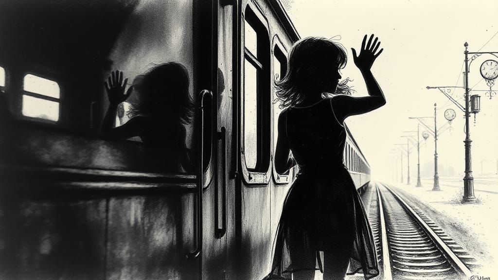 Girl Waving at Train: Steampunk Charcoal Silhouette