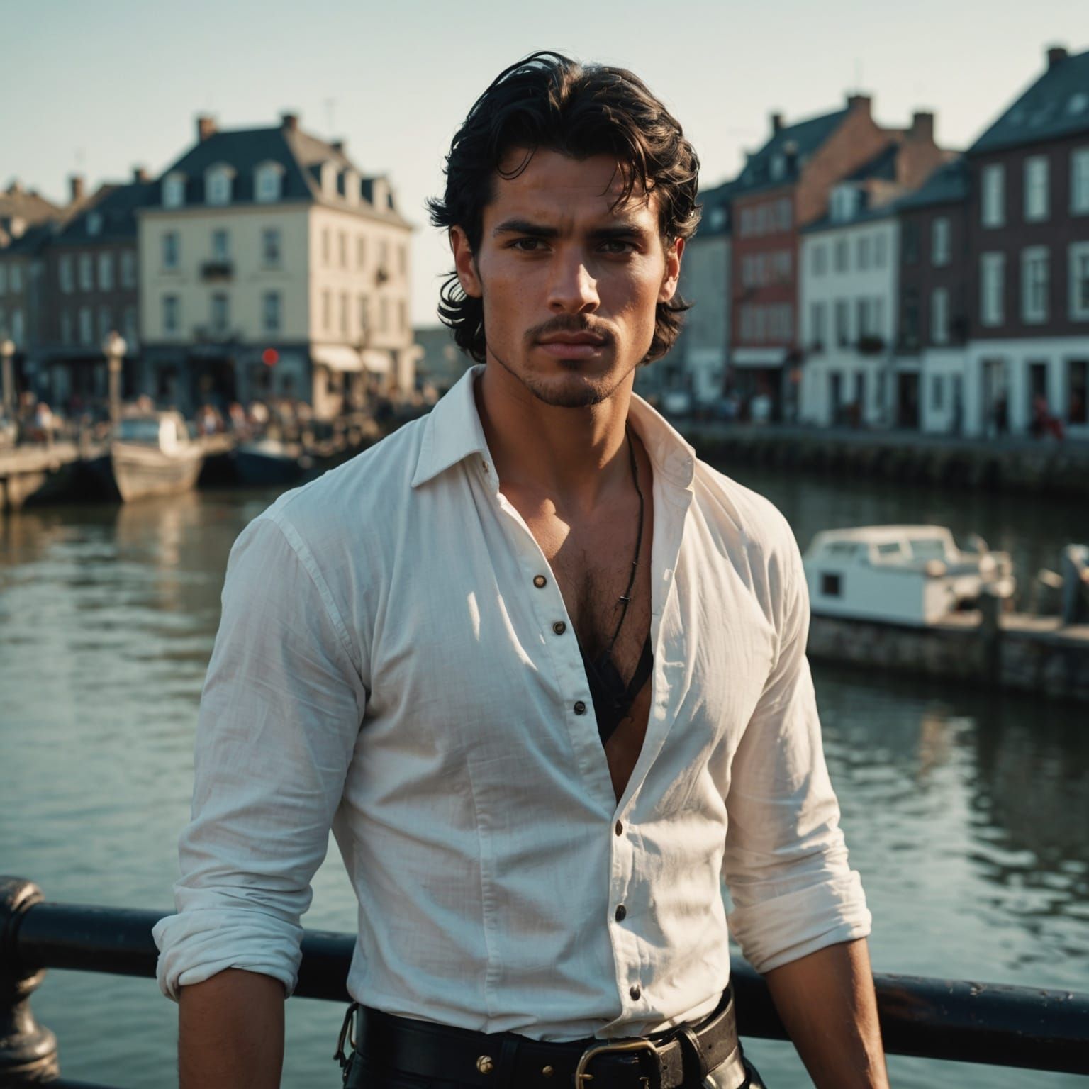 Handsome Pirate in Waterfront Town: Cinematic Portrait