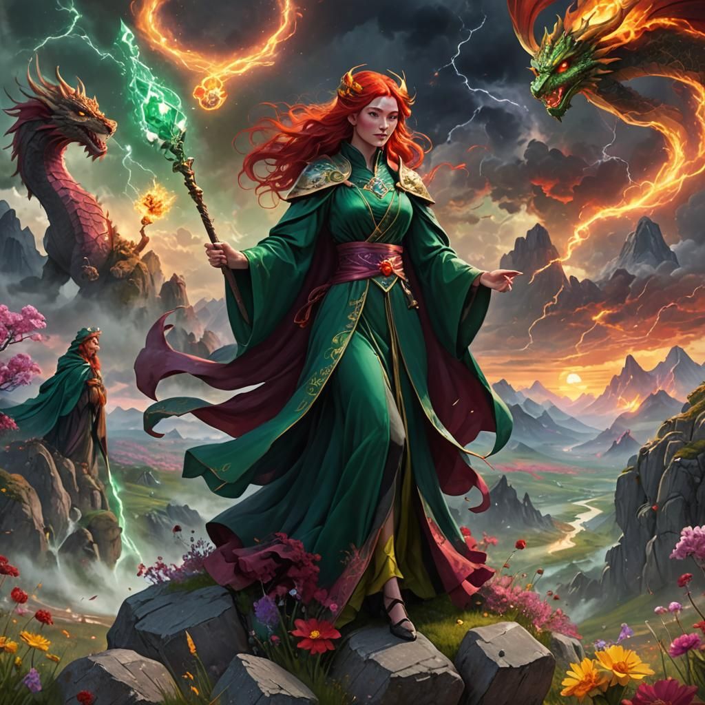 Sorceress with Dragon Companions in Fantasy Meadow