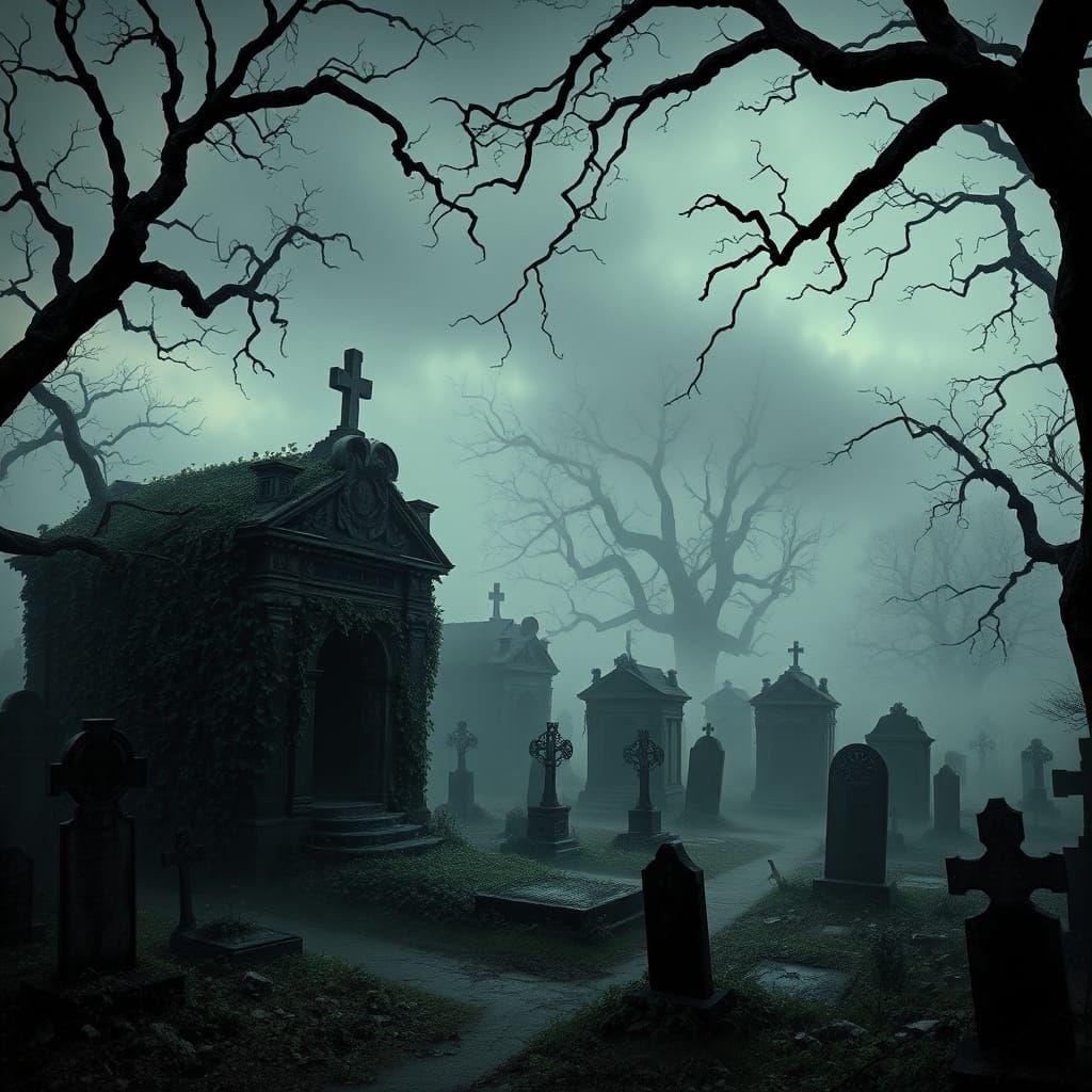 Sinister Ancient Graveyard at Dusk in Dark, Eerie Style