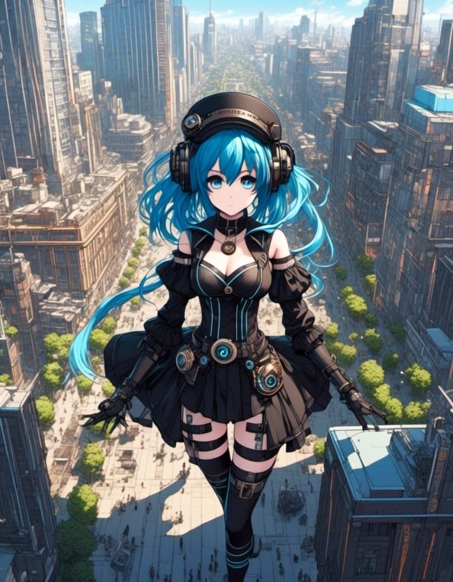 Aerial view of Anime female Goth Steampunk in city square <lora:Gridimation:1.0>