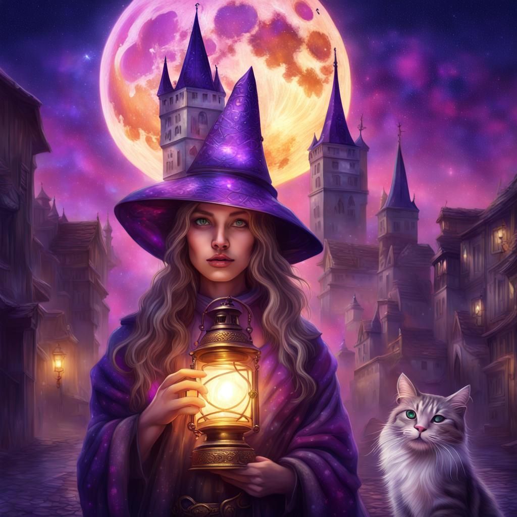 Fantasy Cityscape with Wizard Cat, Holographic Illustration