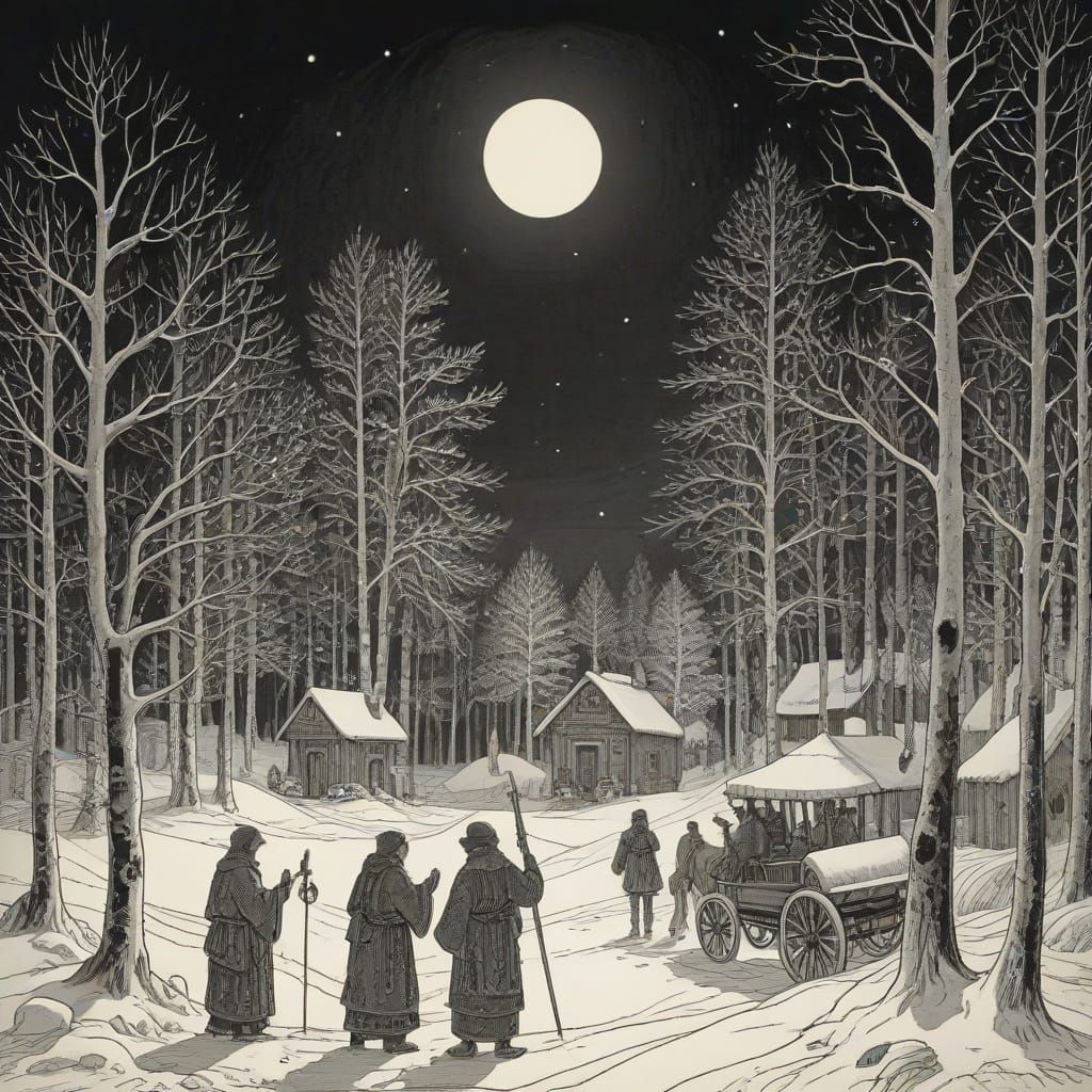 Winter Moonlit Rituals Folk Art Ink Drawing