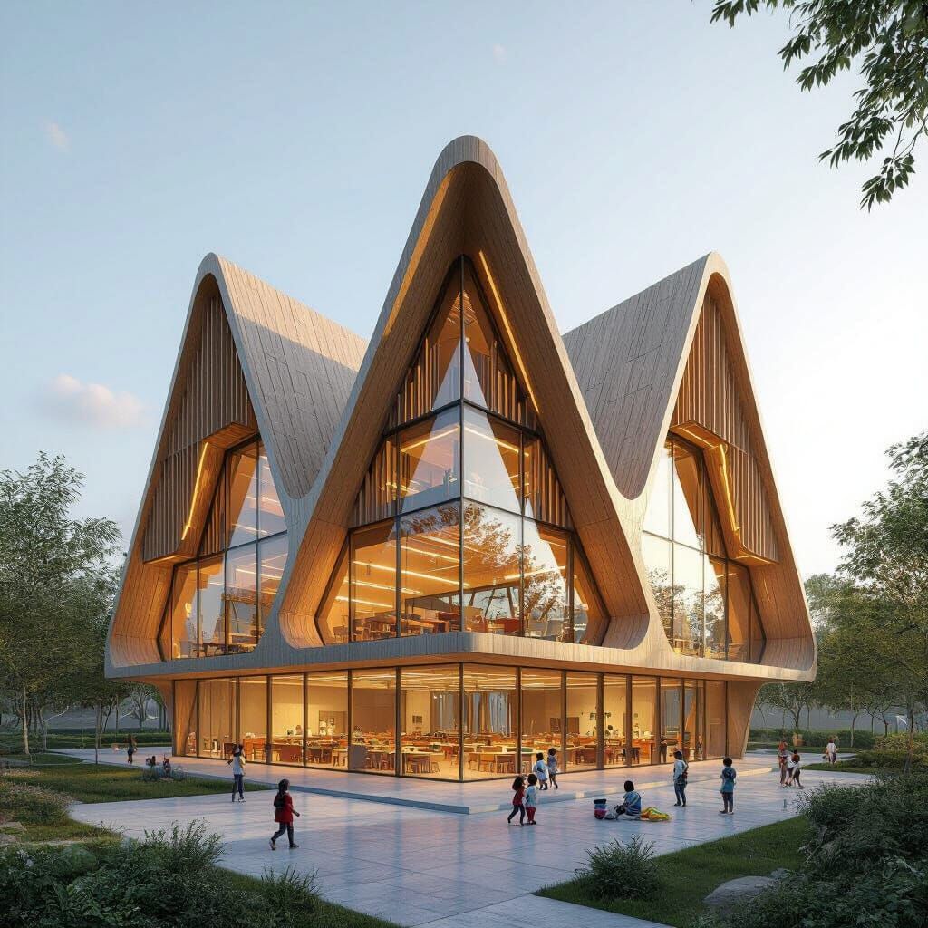 Futuristic Timber-Clad School with Waved Pyramids