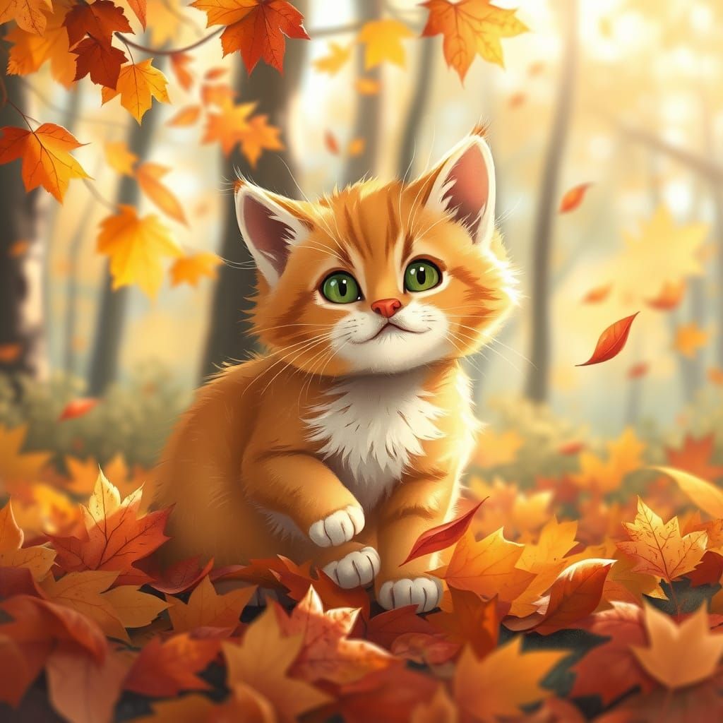 Fluffy Kitten Plays in Autumn Leaves