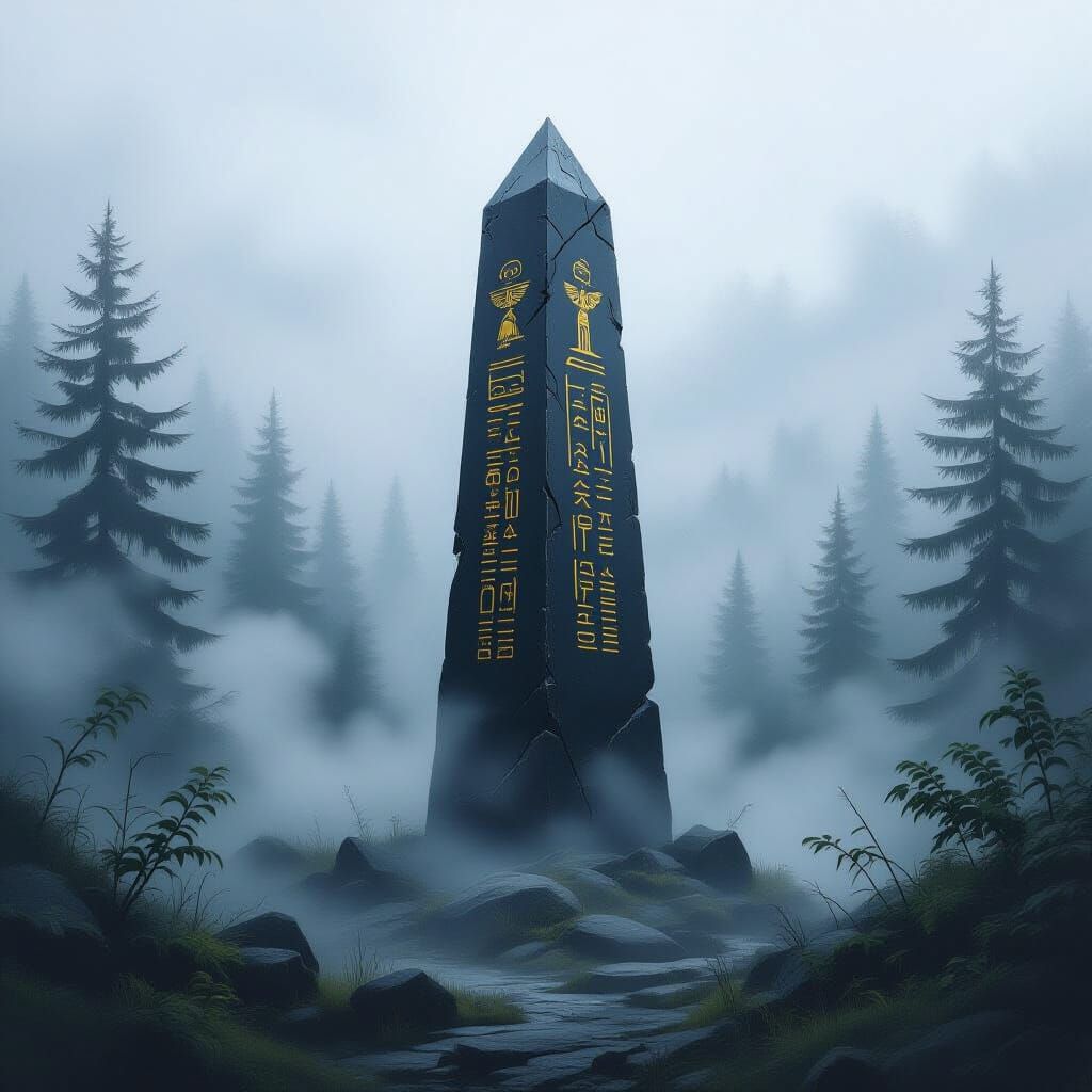 Mysterious Obsidian Obelisk in Foggy Forest Oil Painting