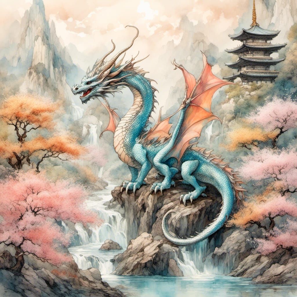 Iridescent Dragon in Japanese Watercolour Landscape